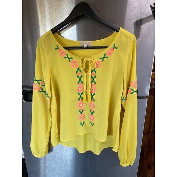 GIANNI BINI Floral Embroidered Blouse WOMEN'S SZ M YELLOW and PINK lightweight - Picture 1 of 14